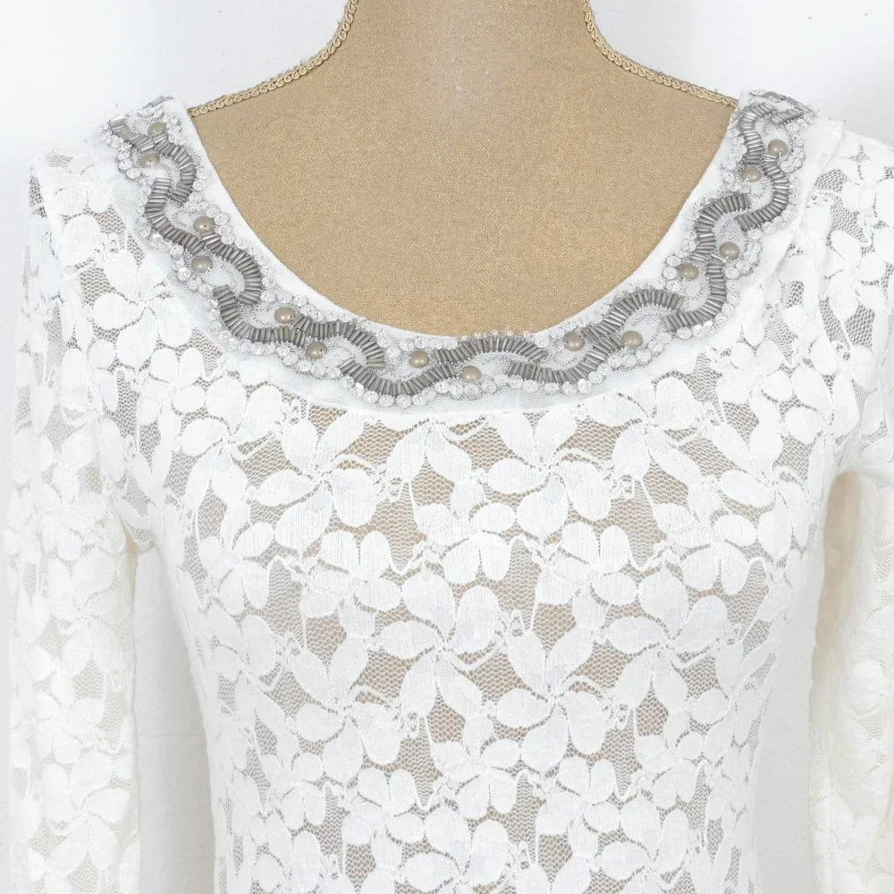 Free People White Lace Long Sleeve Bronze Beaded Silver Sequin SZ XS Top Blouse - Picture 2 of 7
